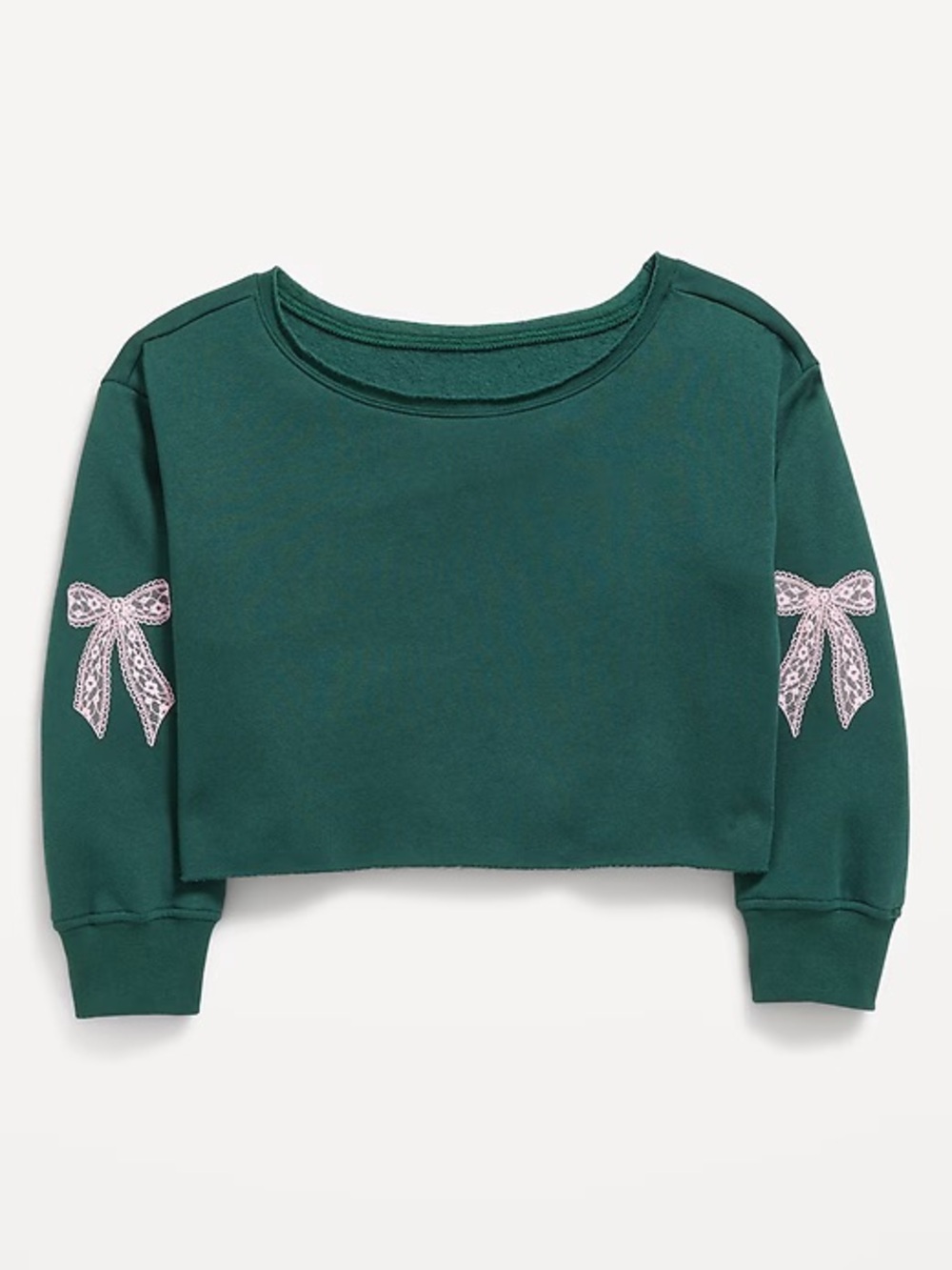 OLD NAVY Boatneck Cropped Sweatshirt Green Pink Bow Sleeve Girls EUC XXL 18